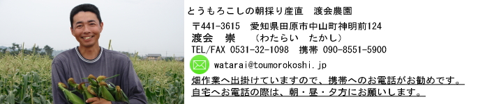 とうもろこしの朝採り産直 わたらい農園 田原市中山町神明前124 渡会崇